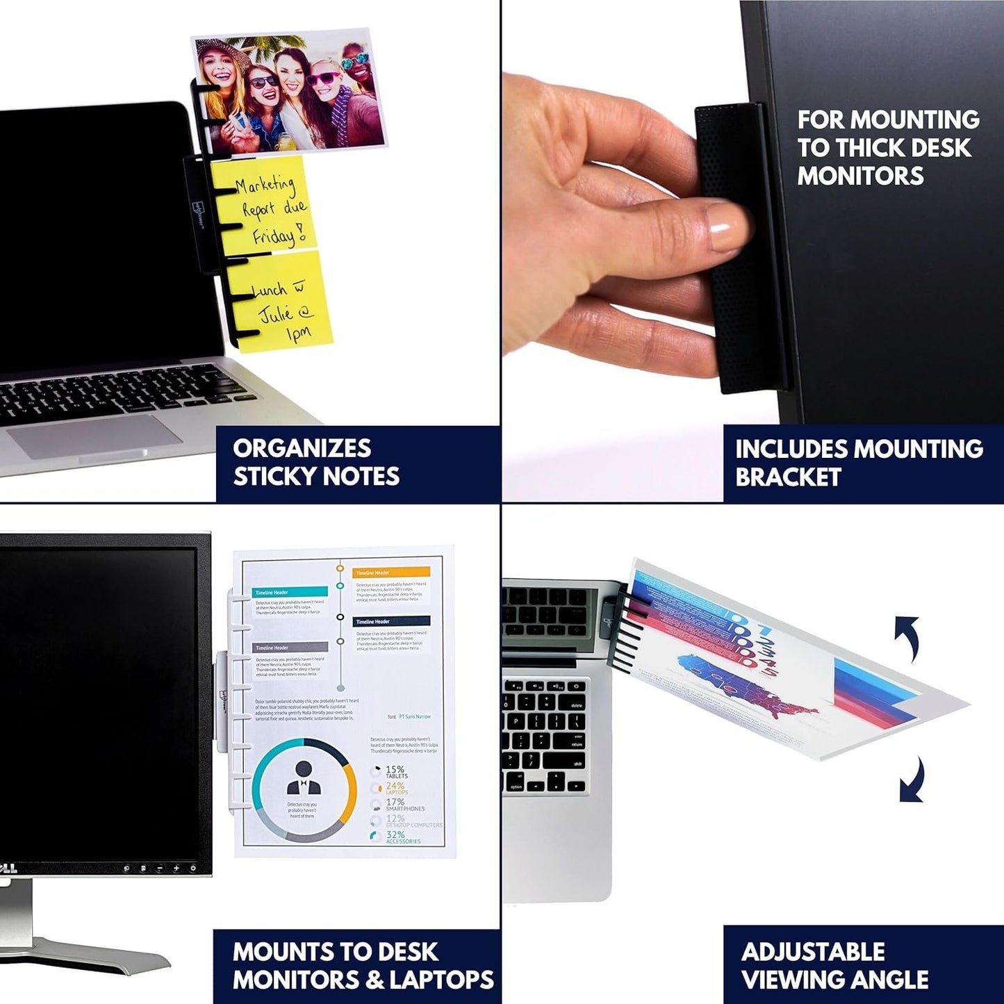 Note Tower Monitor Document Paper Holder for Typing | Clips to Laptops & Desktop Monitors I Reduces Eye & Neck Strain | Portable Copy Holder for Desk | Sticky Note Stand & Monitor Memo Board | White