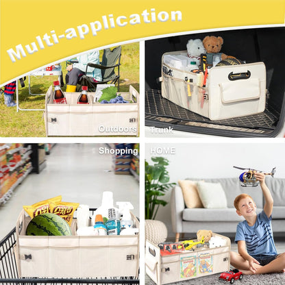 JiatuA Car Trunk Organizer, Car Organizers and Storage Collapsible Multi Compartment Container Box, Adjustable Car Accessories for SUV Sedan Truck, Standard Size, Beige