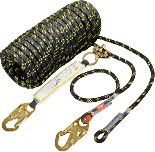 VEVOR Climbing Rope, Fall Protection Safety Rope, Vertical Tree Stand safety Rope Line Kit Safety Harness for Roofing Work with Alloy Steel Rope Grab, Two Snap Hooks, Shock Absorber