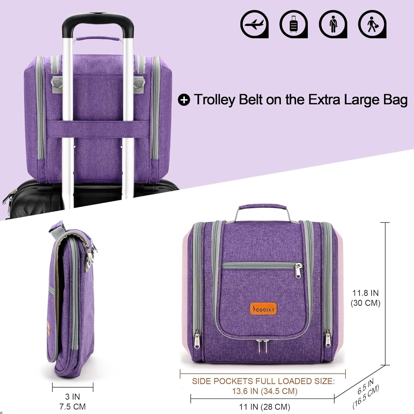 COOSKY Extra Large Hanging Travel Toiletry Bag for Women and Men, Hygiene Bag, Bathroom and Shower Organizer Kit with Elastic Band Holders for Toiletries, Cosmetics, Makeup, Brushes, Purple, Extra Large
