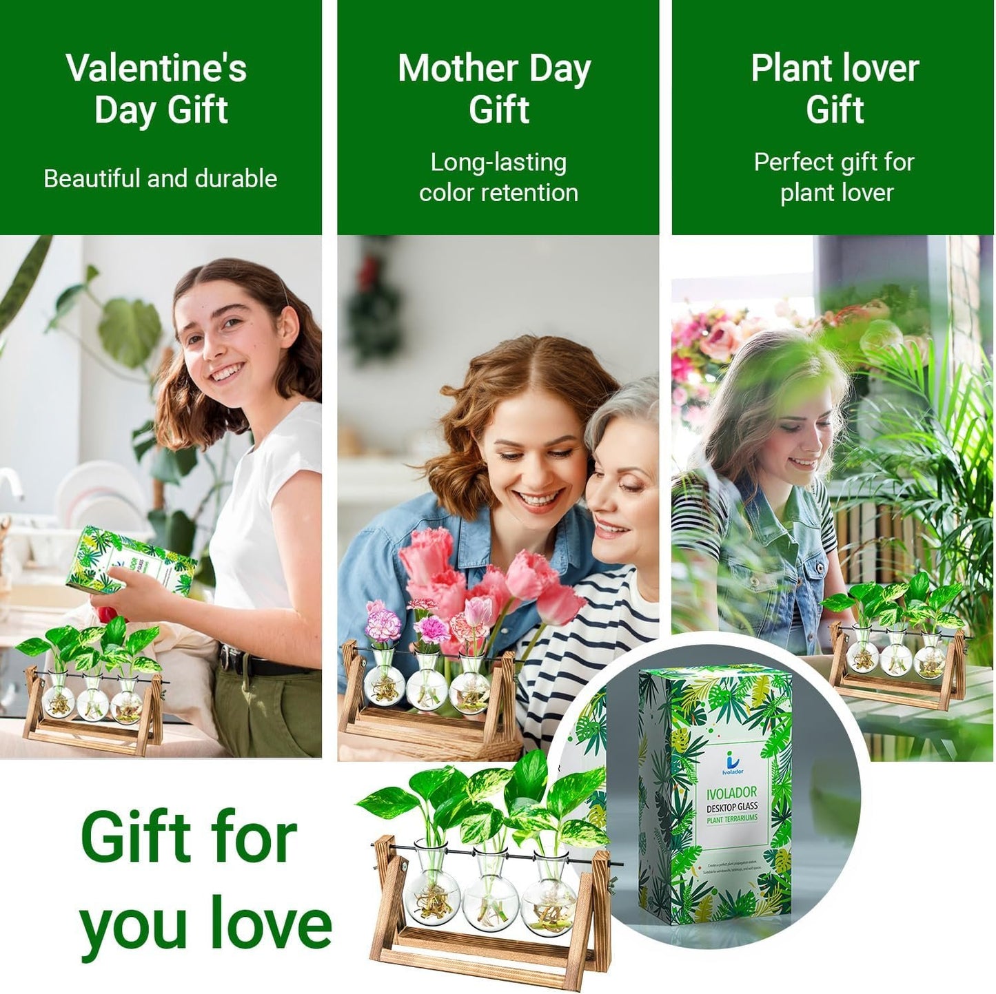 Ivolador Desktop Glass Plants Terrariums Bulb Vase with Retro Solid Wooden Stand and Metal Swivel Holder for Hydroponics Plants Home Garden Wedding Decor Indoor Outdoor (3 Bulb Vase)