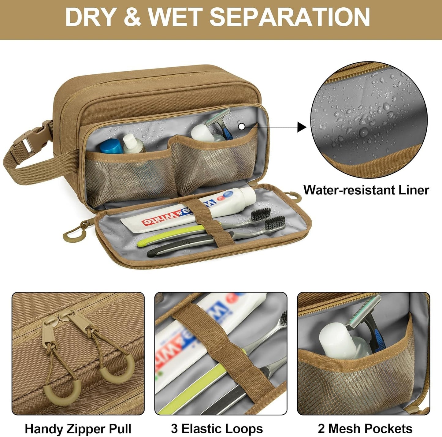 Prokva Tactical Toiletry Travel Bag for Men, Dopp Kit Shaving Organizer Case for Toiletries, Shower and Grooming Care Accessories, Khaki(Empty Bag Only, Patent Design)
