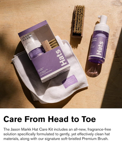 Jason Markk Hat Care Kit, Hat Cleaner, 2-Piece Set, Ready-To-Use Foam & Delicates Brush, Cap Cleaning, Ideal for Headwear, Safe for Cotton, Wool, Felt, Corduroy, Polyester, 4oz