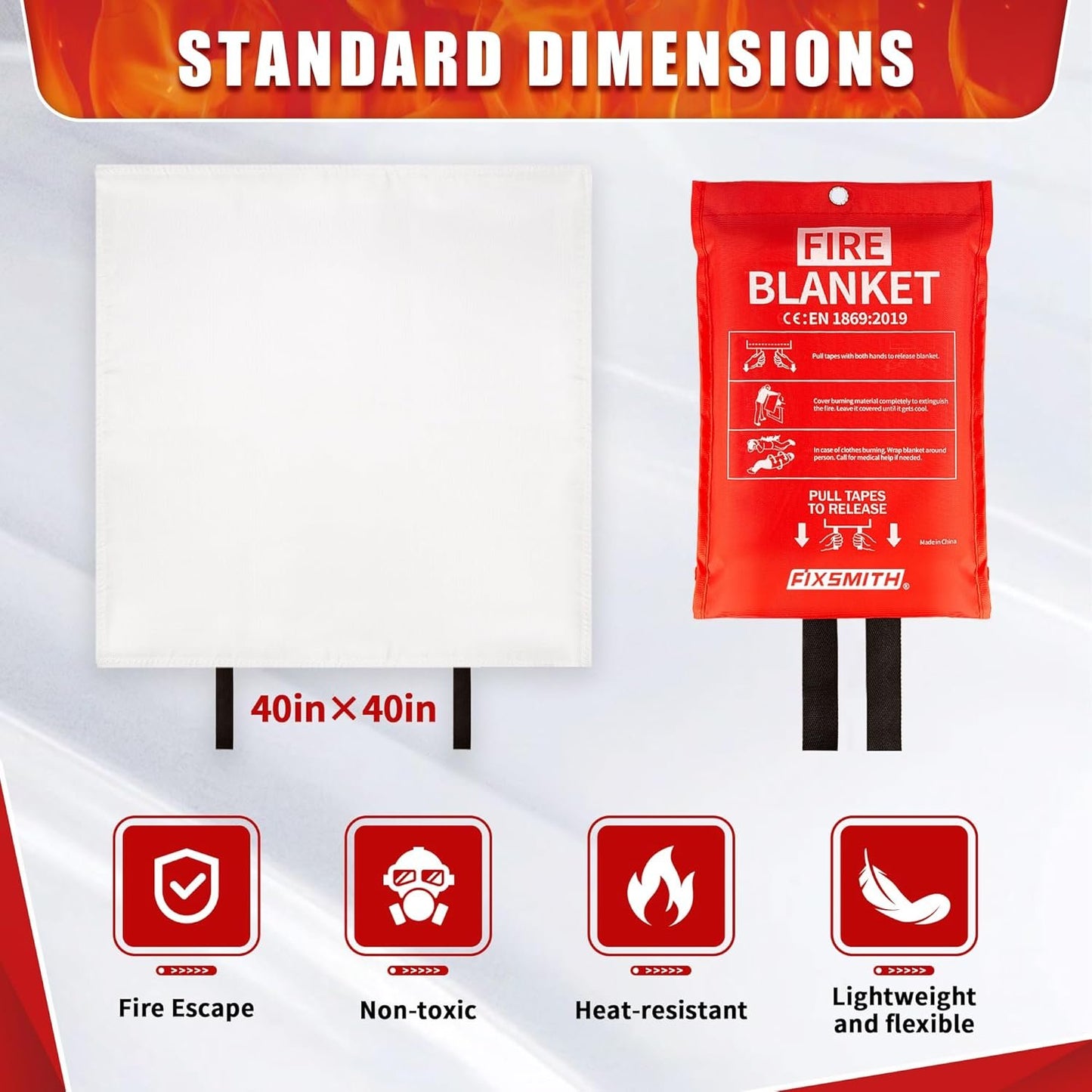 FIXSMITH Fire Blanket for Home and Kitchen, Emergency Fire Blanket, Flame Suppression Fiberglass Fire Blankets for House Camping Car Office Warehouse Emergency Survival Safety- 40 in x 40 in