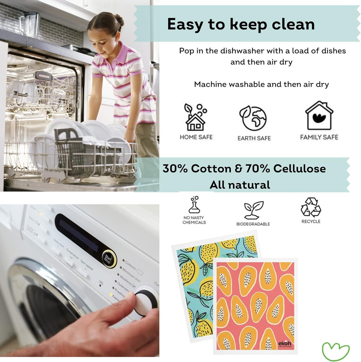 EKOH Swedish Dishcloths for Cleaning Kitchen & Home - Pack of 2 Prints - Eco Sponge Cloths Zero Waste Dish Towels - Plastic Free Reusable Wipes- Gift Set of 2 Cleaning Cloths (Orange Blue Lemons, Papaya Lemon Fruit)