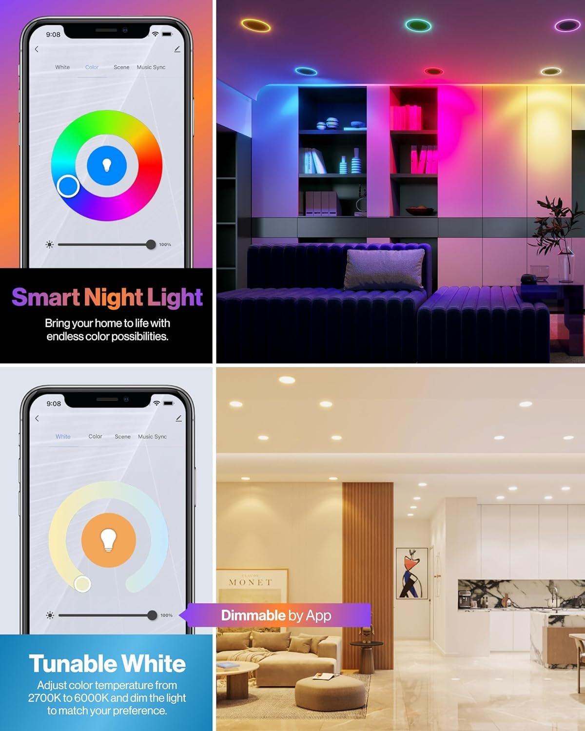 Sunco 2 Pack 6 Inch Smart Ultra Thin LED Recessed Ceiling Lights with Night Light, Tunable CCT 2700K to 6000K, Dimmable, 15W, Smooth Trim, Canless with Junction Box.