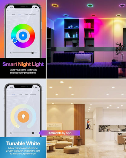 Sunco 2 Pack 6 Inch Smart Ultra Thin LED Recessed Ceiling Lights with Night Light, Tunable CCT 2700K to 6000K, Dimmable, 15W, Smooth Trim, Canless with Junction Box.