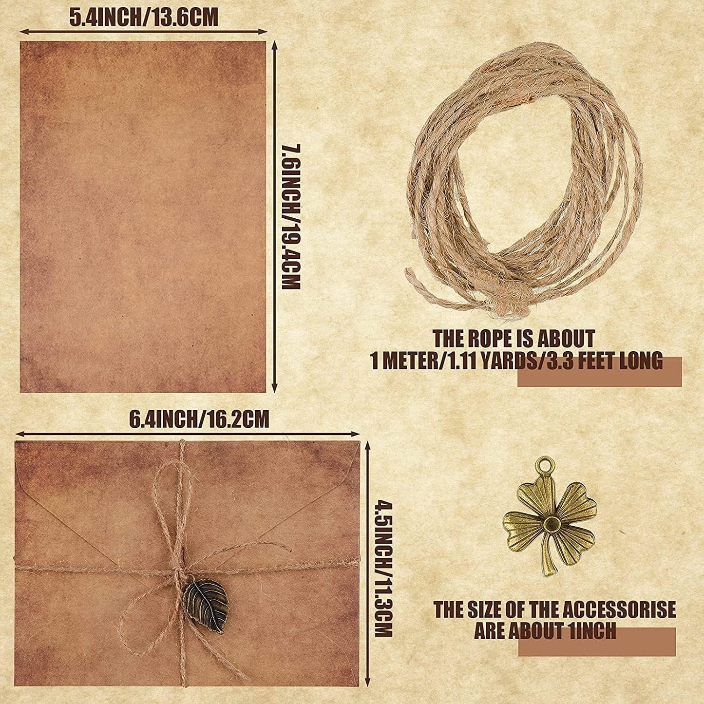 Mililanyo Vintage Paper and Envelopes - 24 Sheets of Antique Looking Papers & 12 Antique Style Envelopes -Classic Aged 6 Unique Design Printing Vintage Writing Paper