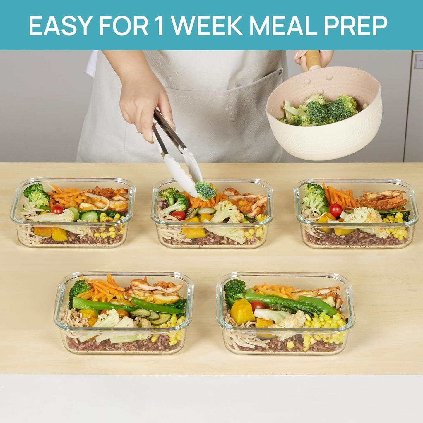 Vtopmart 5 Pack 35oz Glass Food Storage Containers with Lids, Meal Prep Containers, Airtight Lunch Containers Bento Boxes with Snap Locking Lids for Microwave, Oven, Freezer and Dishwasher