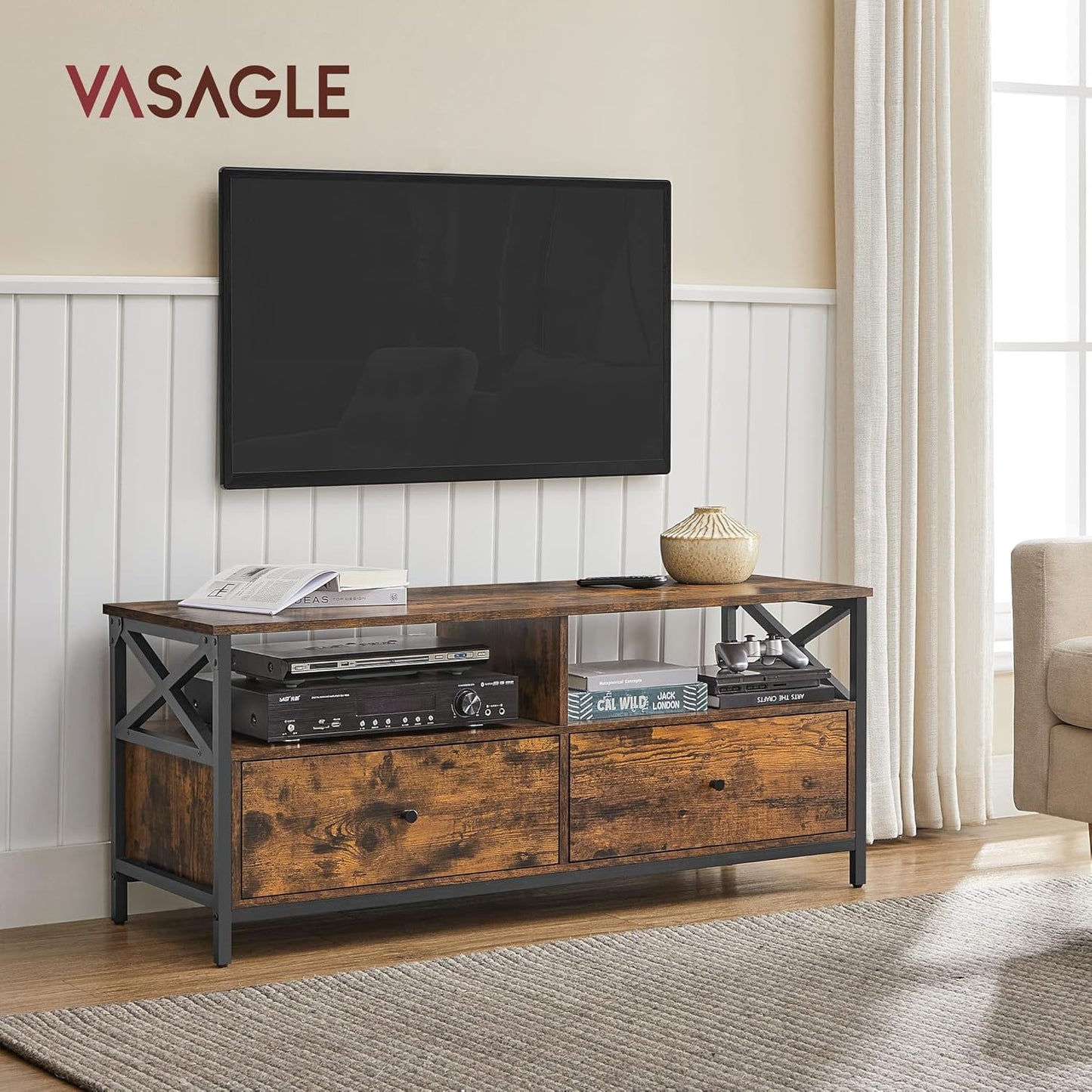 VASAGLE LTV300B01 TV Unit, TV Stand, Up to 55 Inches, 120 cm Long, 2 Drawers 2 Open Shelves, 40 x 120 x 50 cm, Living Room, Bedroom, Steel Frame, Vintage Brown and Black