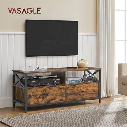 VASAGLE LTV300B01 TV Unit, TV Stand, Up to 55 Inches, 120 cm Long, 2 Drawers 2 Open Shelves, 40 x 120 x 50 cm, Living Room, Bedroom, Steel Frame, Vintage Brown and Black