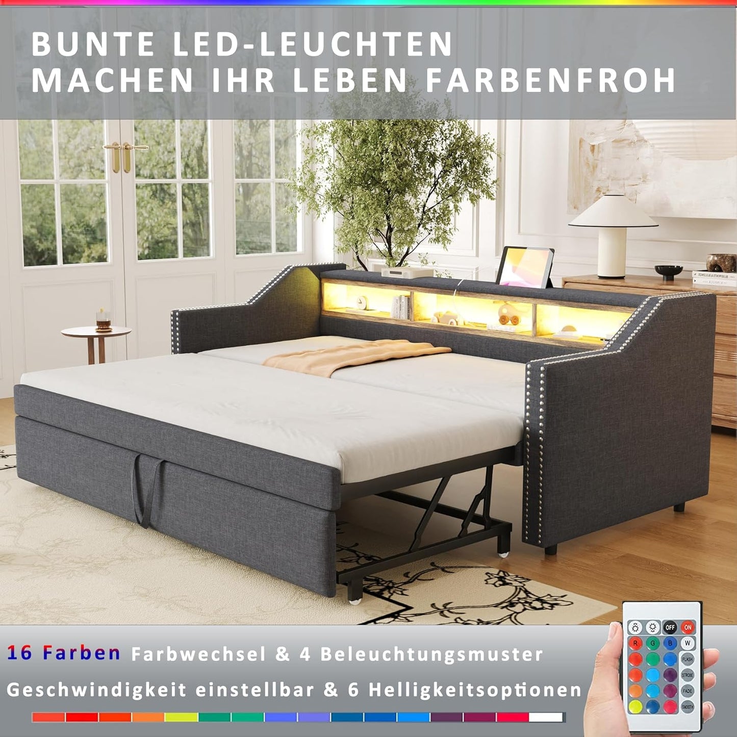Lubvtti Trundle Sofa Bed 90/180 x 190 cm with Multi-Function Storage Box with LED Lighting and USB Socket, Dark Grey (Mattress Not Included)