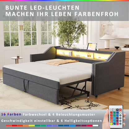 Lubvtti Trundle Sofa Bed 90/180 x 190 cm with Multi-Function Storage Box with LED Lighting and USB Socket, Dark Grey (Mattress Not Included)