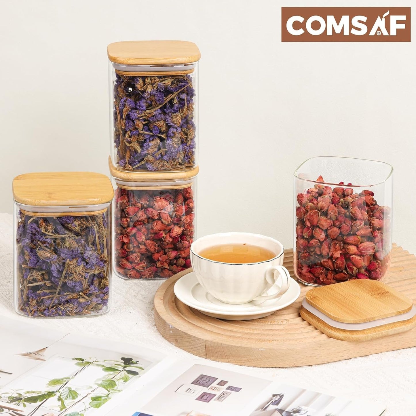 ComSaf Glass Food Storage Jars Set of 6, 27oz/800ml Clear Containers with Airtight Bamboo Lid, Pantry Organization Jar, Spice, Blooming Tea, Coffee and Sugar Container, Canister for Kitchen Square