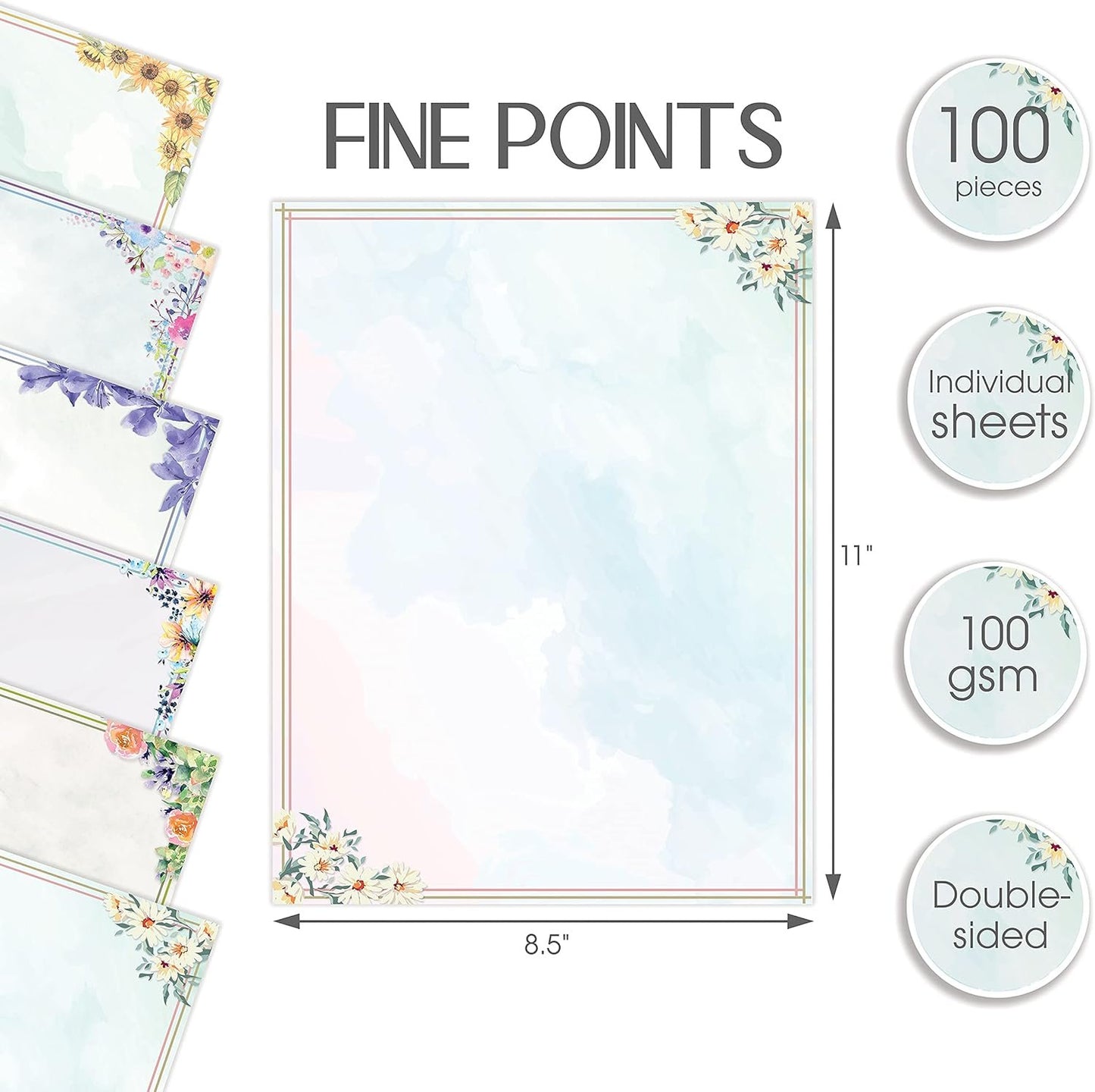 Stationery Paper, 100 Sheets, Floral Letter Writing Stationery, Letter Size 8.5 x 11 inch, 6 Unique Double Sided Designs, by Better Office Products, 100 Pack