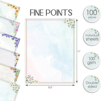 Stationery Paper, 100 Sheets, Floral Letter Writing Stationery, Letter Size 8.5 x 11 inch, 6 Unique Double Sided Designs, by Better Office Products, 100 Pack