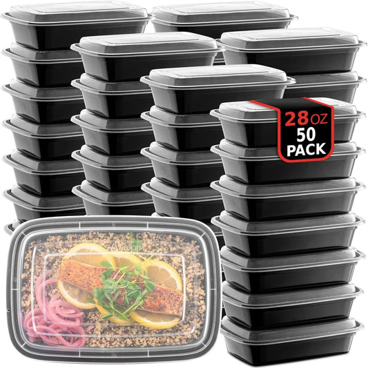 50-Pack Meal Prep Plastic Microwavable Food Containers for Meal Prepping with Lids 28 oz. 1 Compartment Black Rectangular Reusable Storage Lunch Boxes -BPA-Free Food Grade -Freezer & Dishwasher Safe