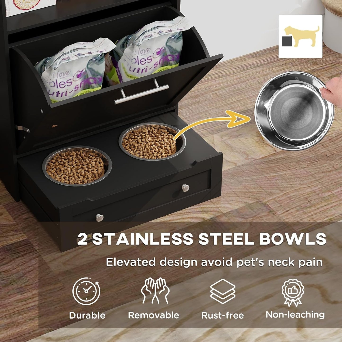 PawHut Cat Dog Feeding Station, Dog Food Storage Cabinet, Pet Feeder Container with Raised Bowls and Hanger for Feeding & Watering Supplies, Black