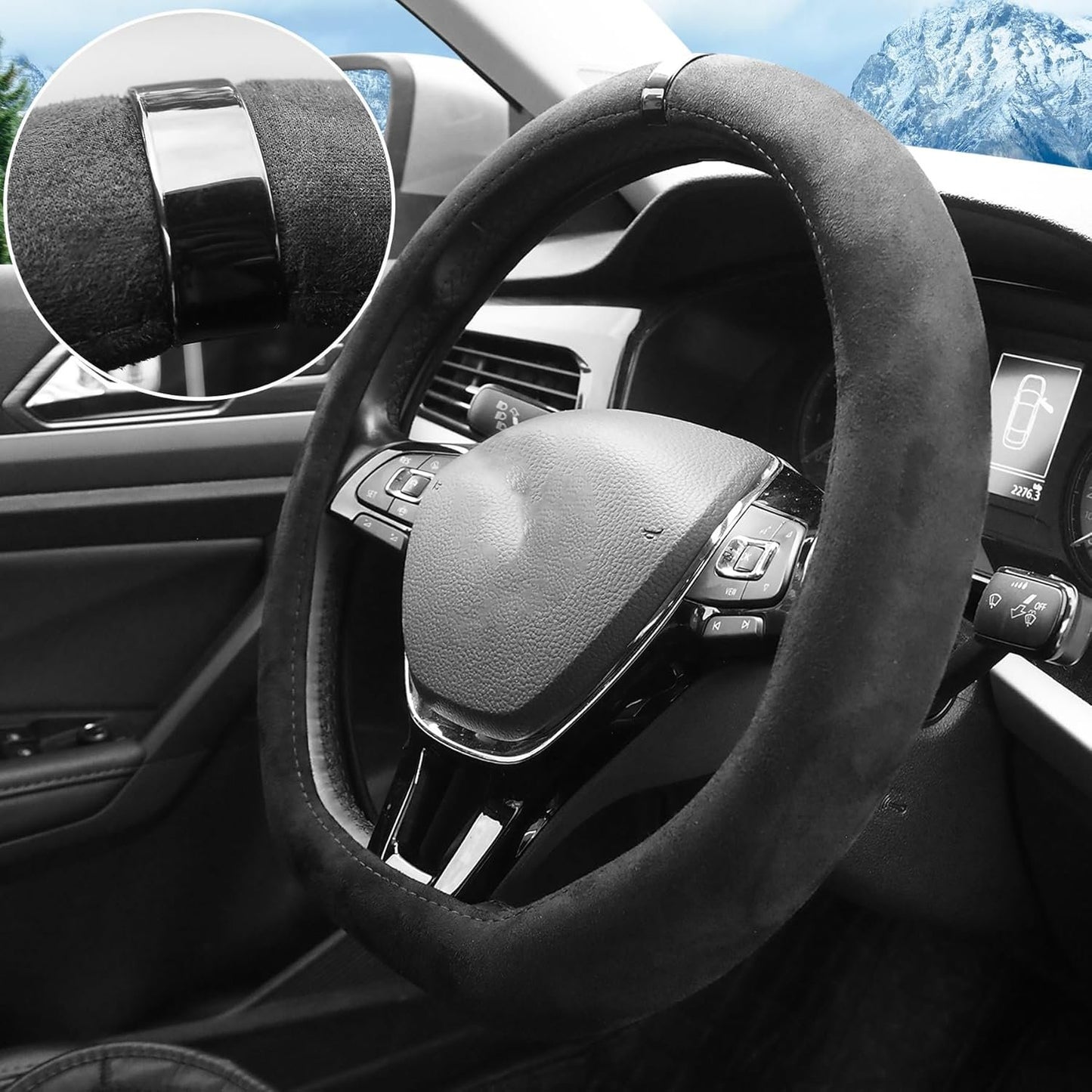Car Steering Wheel Cover, Suede Car Interior Accessory for Driverse Car, Anti-Slip Breathable Full Surround Leather Steering Wheel Covers Protector for 14.5"-15" Universal Fit (Black-D Shape)
