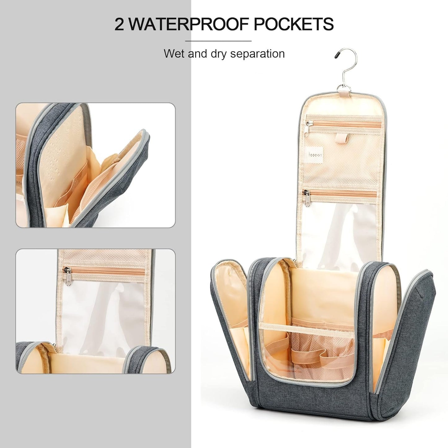 Extra Large Hanging Travel Toiletry Bag for Women and Men, Hygiene Bag, Bathroom and Shower Organizer Kit with Elastic Band Holders for Toiletries, Cosmetics, Makeup, Brushes, Grey