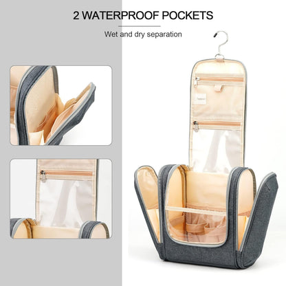 Extra Large Hanging Travel Toiletry Bag for Women and Men, Hygiene Bag, Bathroom and Shower Organizer Kit with Elastic Band Holders for Toiletries, Cosmetics, Makeup, Brushes, Grey