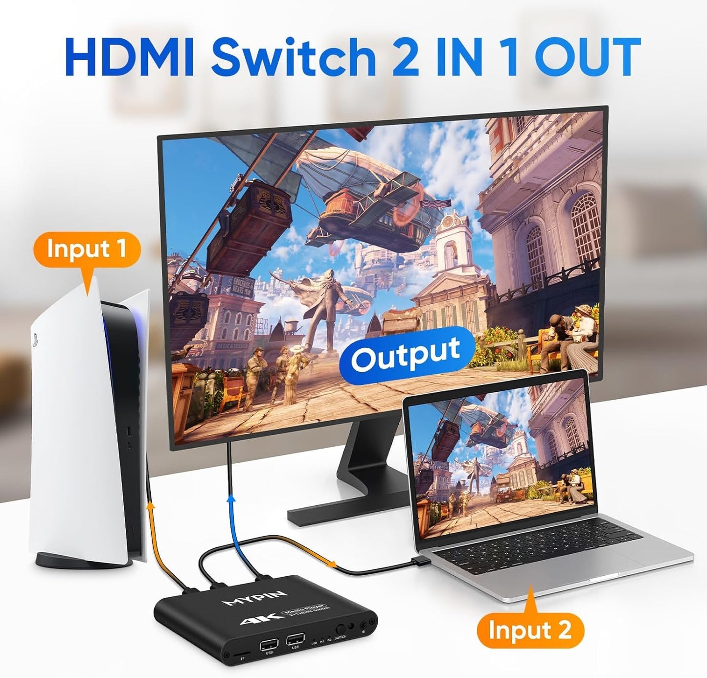4K@30 Media Player with 2 in 1 Out HDMI Switch Function, 2 Port HDMI Switcher Splitter, Automatic Switch with Remote, Medie Player Supports Image, Music, Video Playback