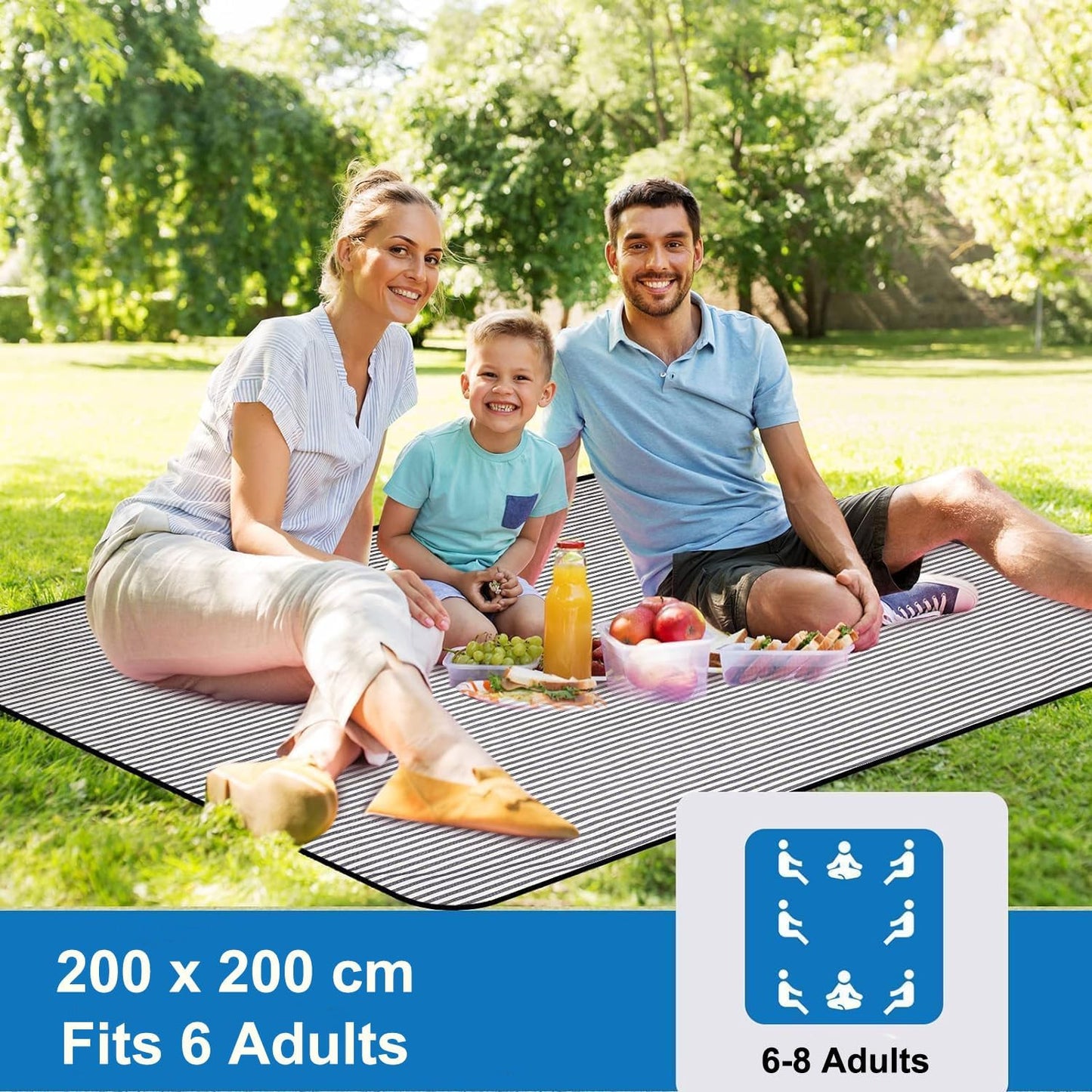 TARODEA Waterproof Picnic Blanket Portable with Carry Strap for Beach Mat or Family Outdoor Camping Party (Nave Blue, 200 X 200 cm)