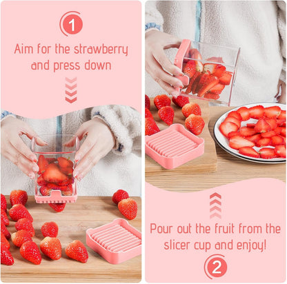 Fruit & Veggie Slicer Cup - Removable Blades & Food Push Plate - Strawberry, Banana, Egg & Grape Cutter - Safe & Portable Kitchen Slicing Tool for Easy Food Prep (Pink)