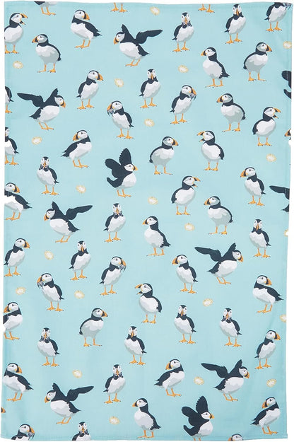 Samuel Lamont Puffins Cotton Tea Towel Adorable Playful Digitally Ilustrated Design Bold Modern Gorgeously Vibrant Sky Blue Backdrop Variety Cute Puffin Motifs 18.89" x 22.44"