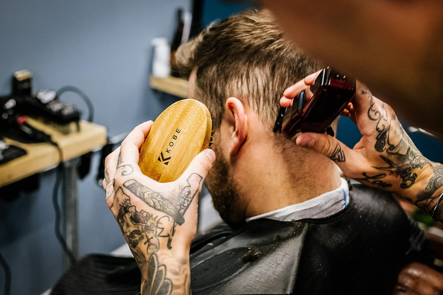 Kobe Palm Men's Military Style Boar Bristle Hair Brush/Beard Brush - Hand Sized Beard Brush for Men - Perfect for Beard Care - Works Well With Beard Oils (Beech)