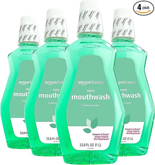 Amazon Basics Fresh Breath Mouthwash, Mint, 33.8 Fl Oz (Pack of 4), (Previously Solimo)