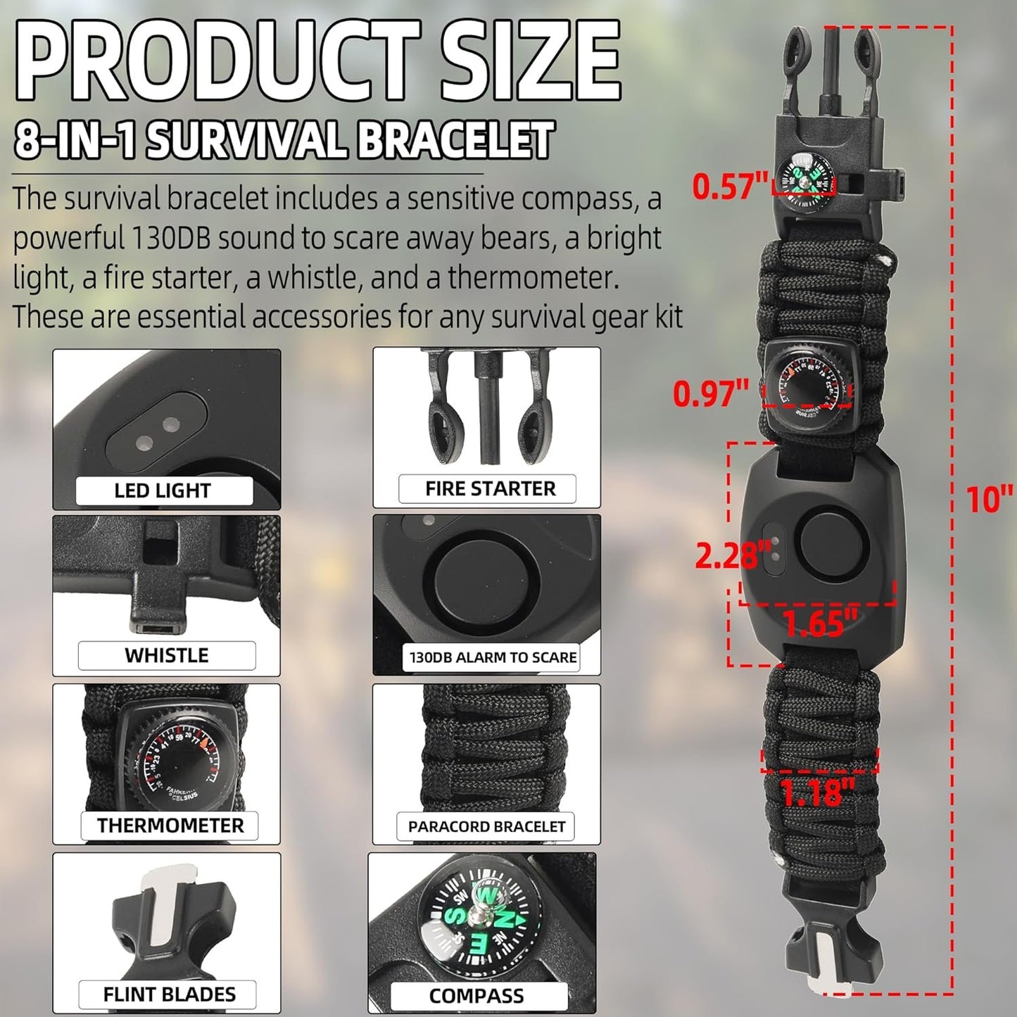 Calvana 8 in 1 Bear Deterrent Devices,Tactical Paracord Rope Bracelets Kit with SOS LED Light,Compass and Fire Starter,Magnesium Fire Starter,Emergency Whistle, Camping and Hiking Survival Tool