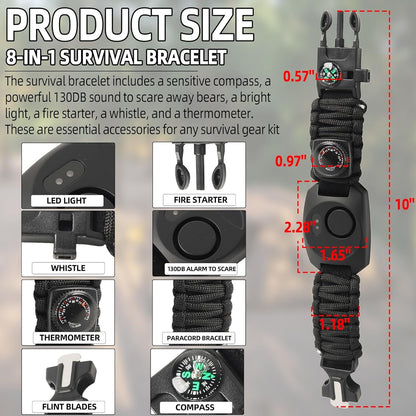 Calvana 8 in 1 Bear Deterrent Devices,Tactical Paracord Rope Bracelets Kit with SOS LED Light,Compass and Fire Starter,Magnesium Fire Starter,Emergency Whistle, Camping and Hiking Survival Tool