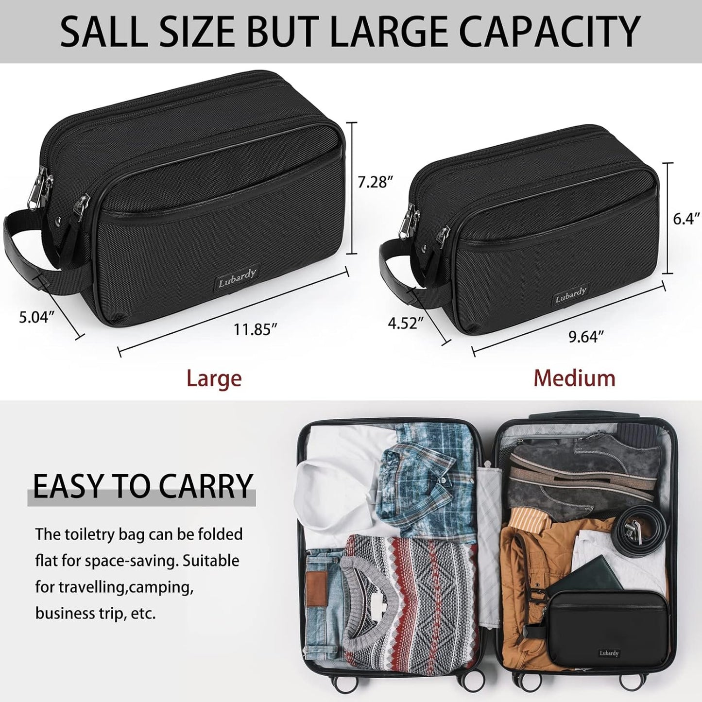 Toiletry Bag for Men and Women Portable Travel Organizer for Toiletry Accessories Lightweight Dopp Kit Water-Resistant Shaving Bag,Medium-Black