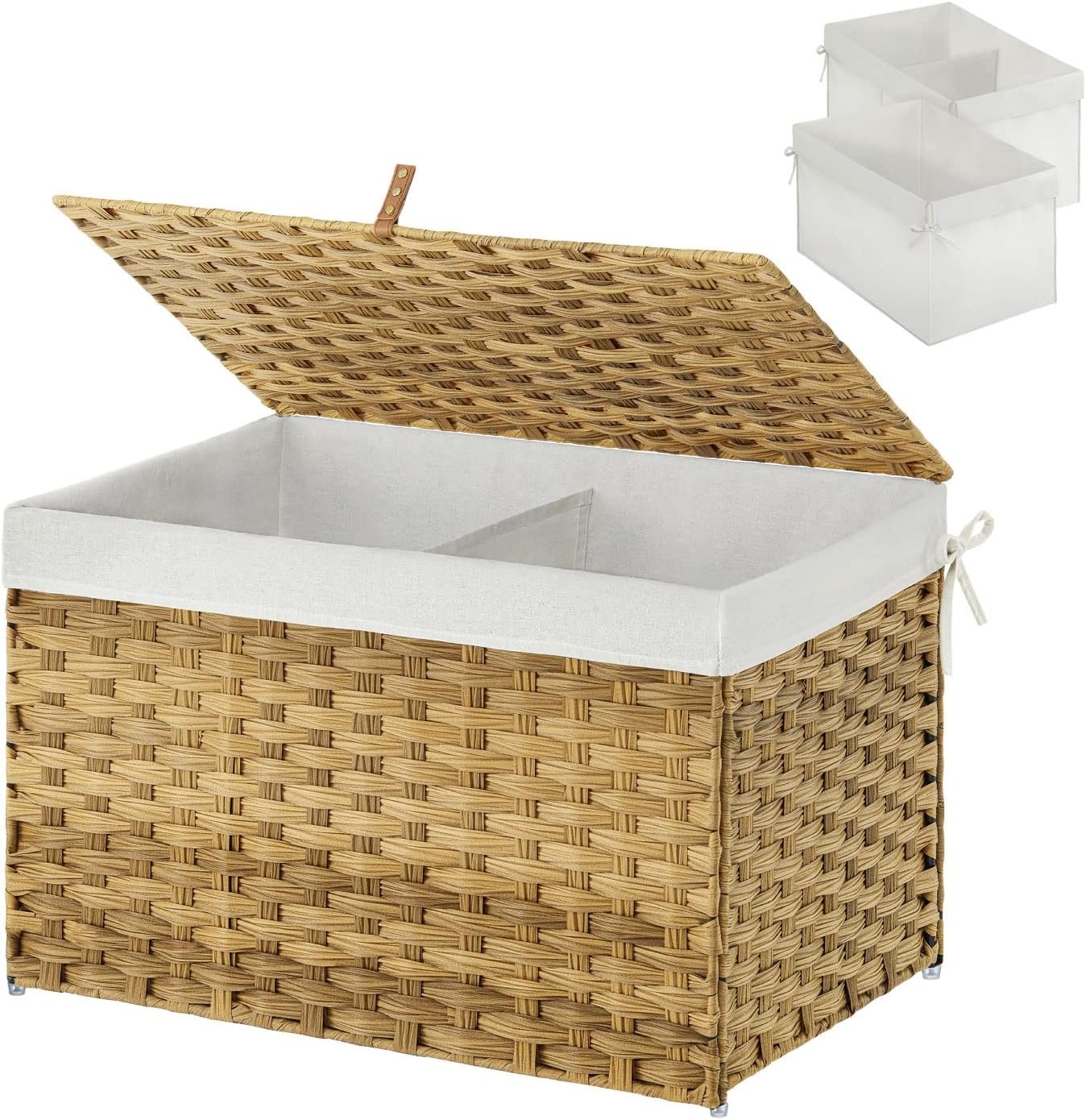 Greenstell Storage Basket with Lid, 105L Handwoven Large Shelf Basket with Cotton Liner and Metal Frame, Foldable & Easy to Install, Storage Box Basket Bin with Handle for Bedroom, Laundry Room