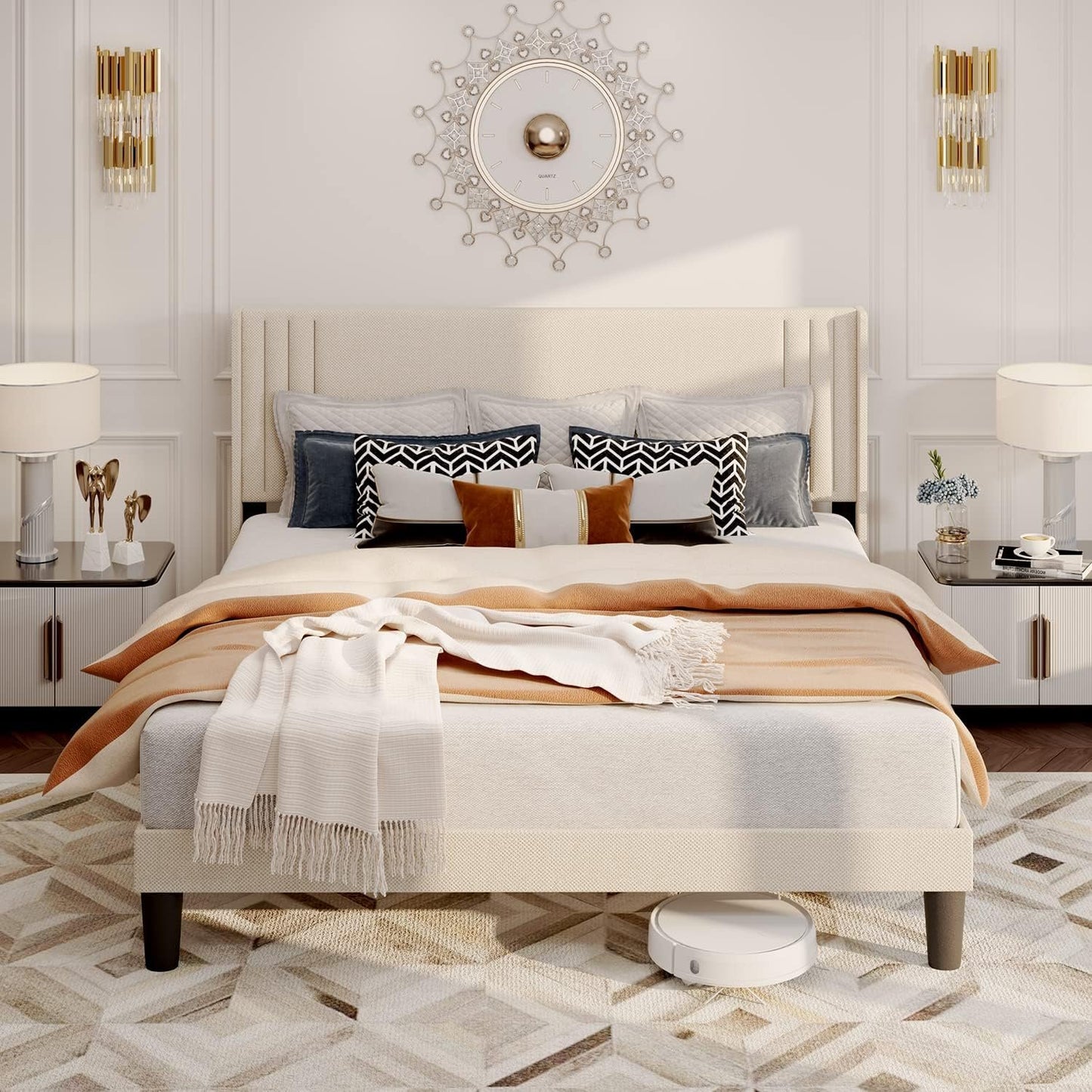 Gizoon Full Bed Frame with Wingback Headboard, Upholstered Platform Bed with Modern Geometric Headboard, Wooden Slats, Noise-Free, No Box Spring Needed (Beige, Full)