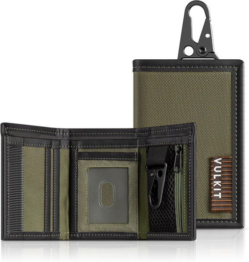 VULKIT Mens RFID Blocking Trifold Wallet Water-Resistant Leather Credit Card Holder with Zip Coin Pocket & Key Buckle for Daily Travel Outdoor