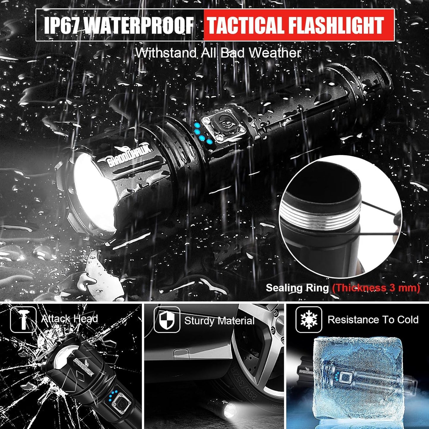 LED Torch Rechargeable Flashlight with High Lumens, Shadowhawk 20000 Lumen XHP70.2 Super Bright Torch, High Powered Torches, Powerful Handheld Tactical Flashlight for Emergency Camping Hiking Gift