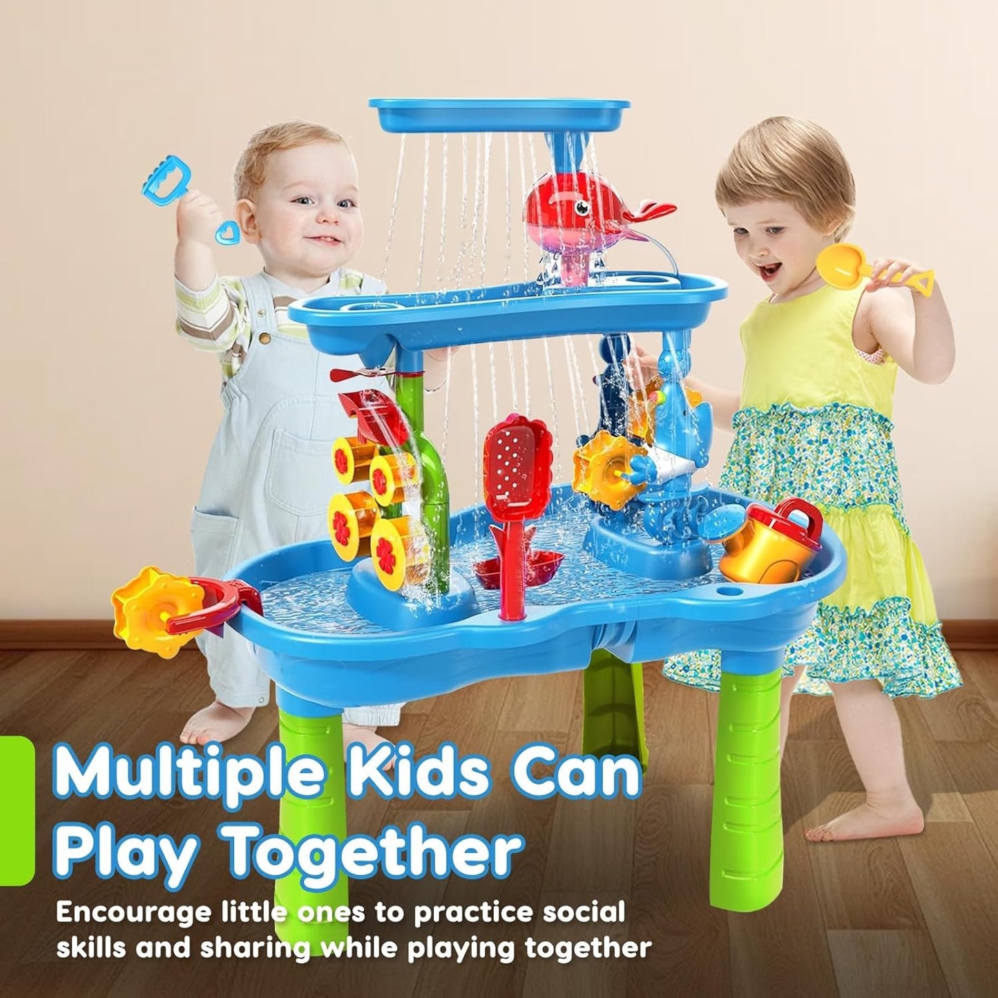 Water Table for Toddlers 3-5 | 3-Tier Kids Water Table Toys, Rain Showers Splash Pond for Outdoor Beach Backyard Summer, Outdoors Play Sensory Play Table Pond for Boys Girls 3-5 4-8