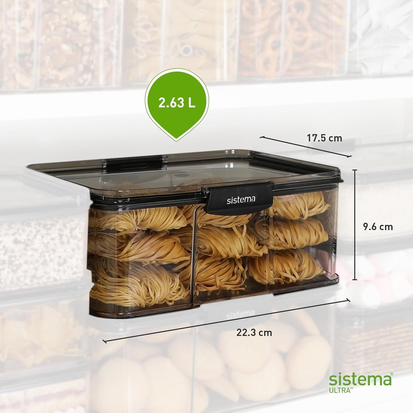 Sistema Ultra 2.63L Rectangle Food Storage Container | Stackable | Airtight Pantry Storage Container with Locking Clips | BPA & Phalate Free | Clear with Black Accents