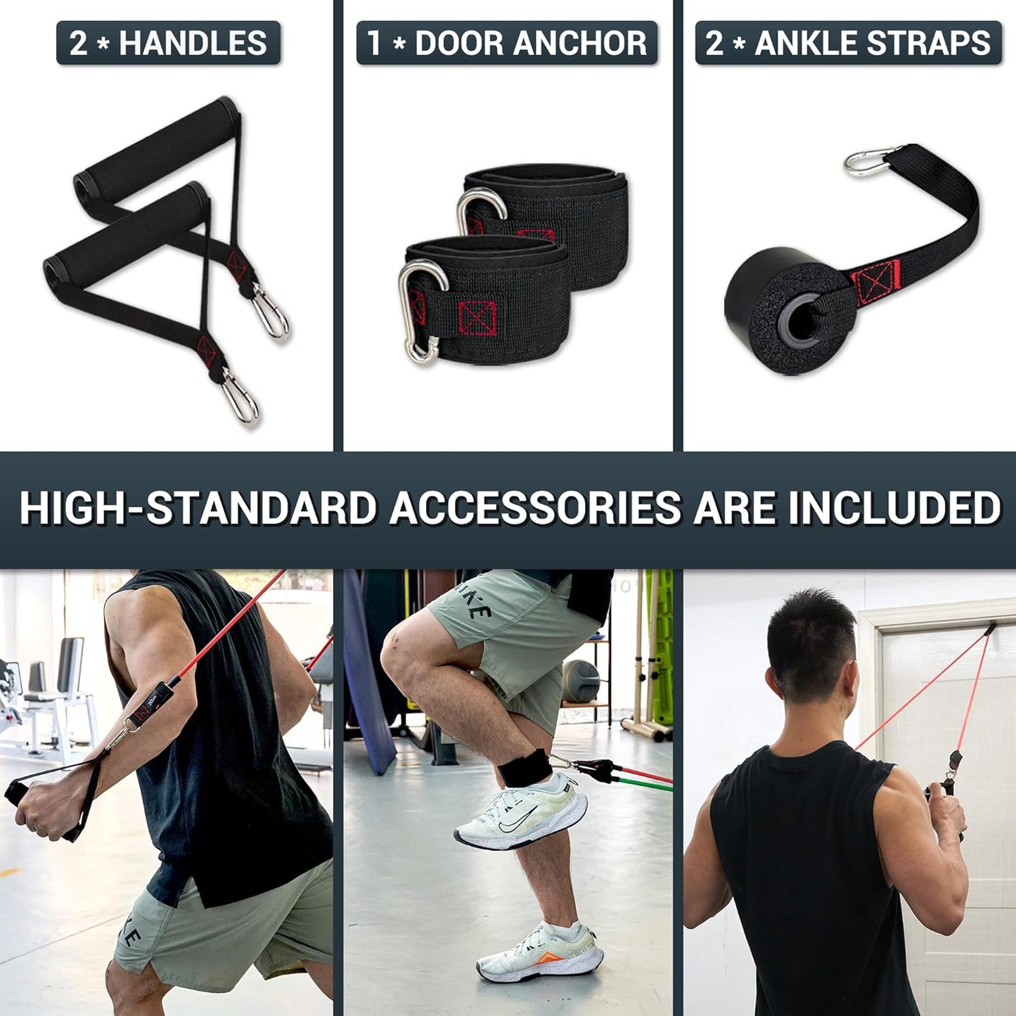 TheFitLife Exercise Resistance Bands with Handles - 5 Fitness Workout Bands Stackable up to 110-300lbs, Training Tubes with Large Handles, Ankle Straps, Door Anchor Attachment, Carry Bag