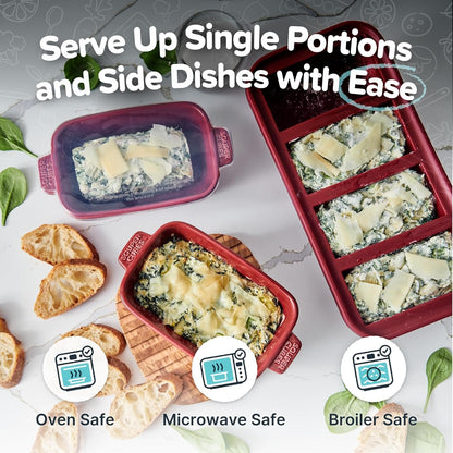 Souper Cubes Stoneware - 5" Square Casserole Dish with Silicone Covers - Ceramic Bakeware Set - Kitchen Utensils and Bakeware - 4 Pack - Cranberry