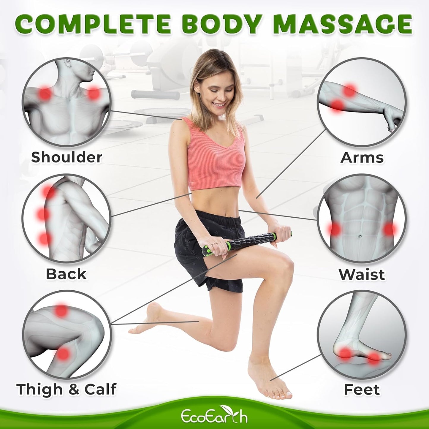 EcoEarth Muscle Roller Stick, Body Massage Stick Lymphatic Drainage Massager for Arm, Shoulder, Back & Leg Myofascial Release, Personal Handheld Massagers, Trigger Point Fascia Massage Tool