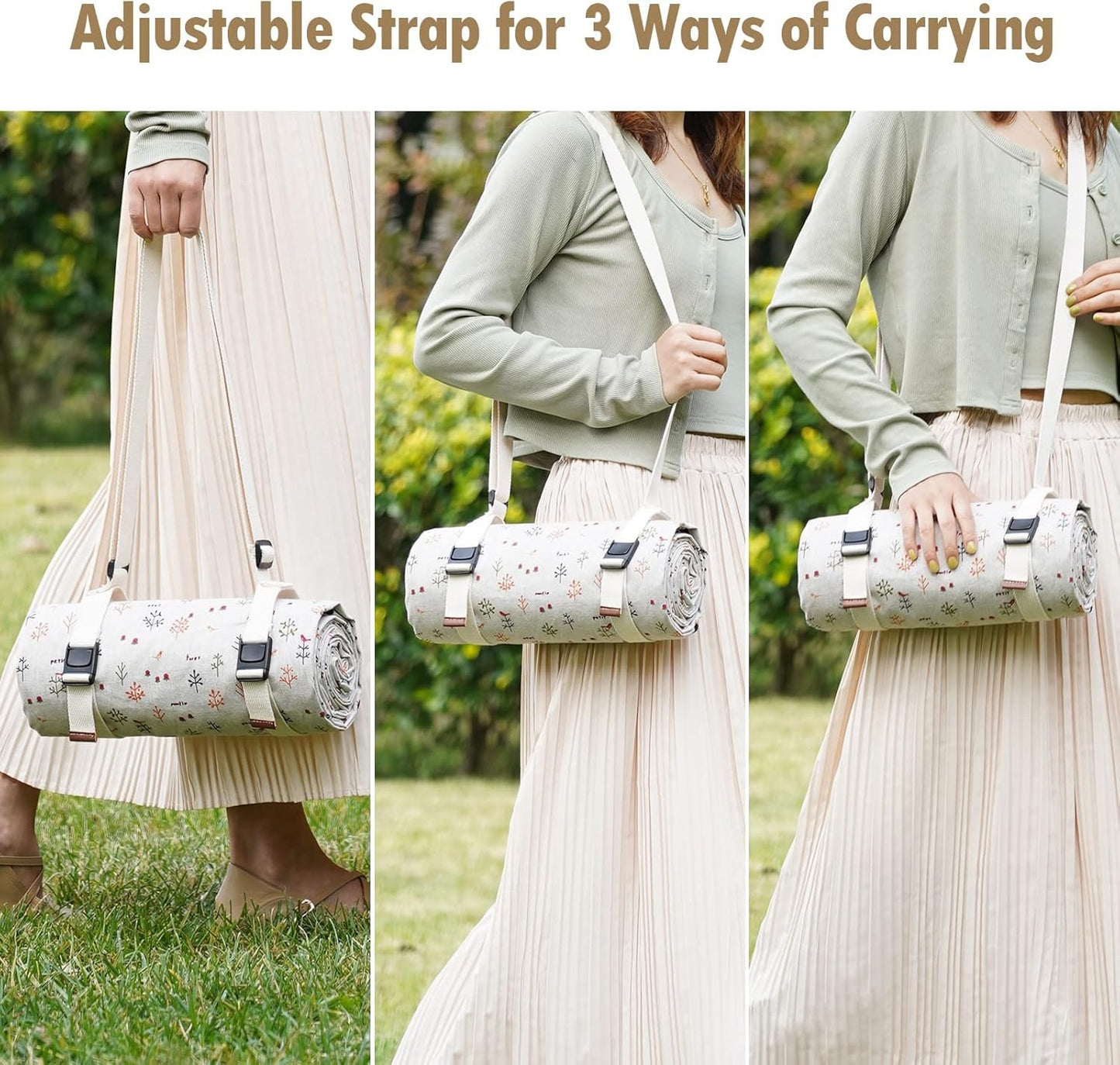 WILLOW WEAVE Picnic Blankets Washable Polyester Camping Blankets Emergency Backpack Accessories with Waterproof Backing and Shoulder Strap, 57"x79"