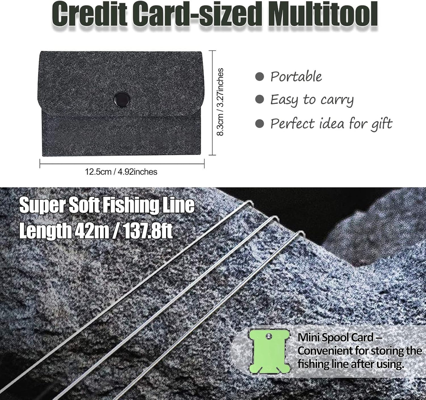 Survival Card Multitool Camping Kit with Fishing Line Gear, Multipurpose Credit Card Wallet Portable Survival Tool with Felt Bag for Outdoor Fishing Hiking Hunting, 7PCS
