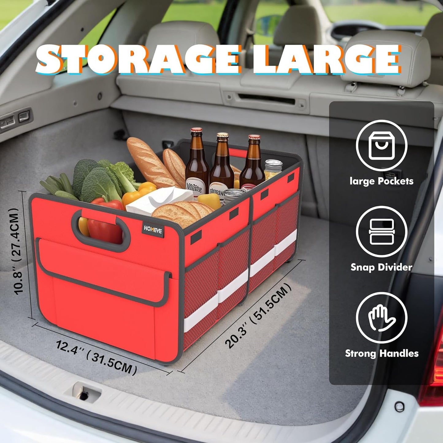Homeve Trunk Organizer, Car Storage, Reinforced Handles, Collapsible Multi-Compartment Car Organizers, Foldable, Waterproof, 2 Compartments, Suitable for Car Accessories, SUV (Red, Standard)