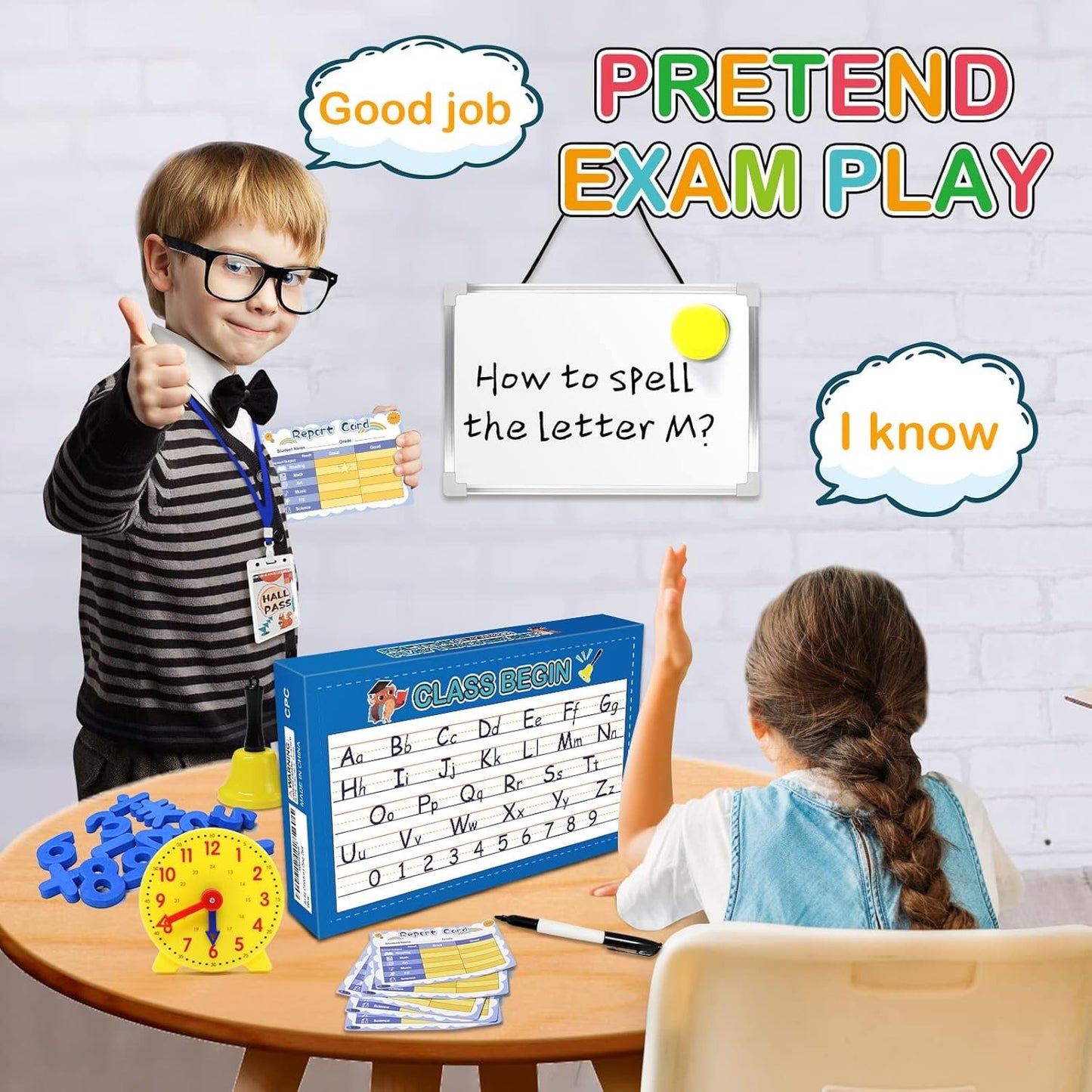 Alritz Pretend Play Teacher Set, Classroom Learning Education Includes Reusable White Board Bell Clock and More, Be Teacher Student, for Boys Girls 5 6 7 8 9 10 11 12 Years Old