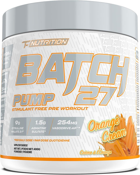 Batch 27 Stim Free Pre Workout for Men & Women - Intense Pumps & Performance - Caffeine Free Pre Workout - Nitric Oxide Supplement w/ 9g L Citrulline, 1.5g Agmatine, VasoDrive, Glycerol - 40 Servings (Orange Cream)