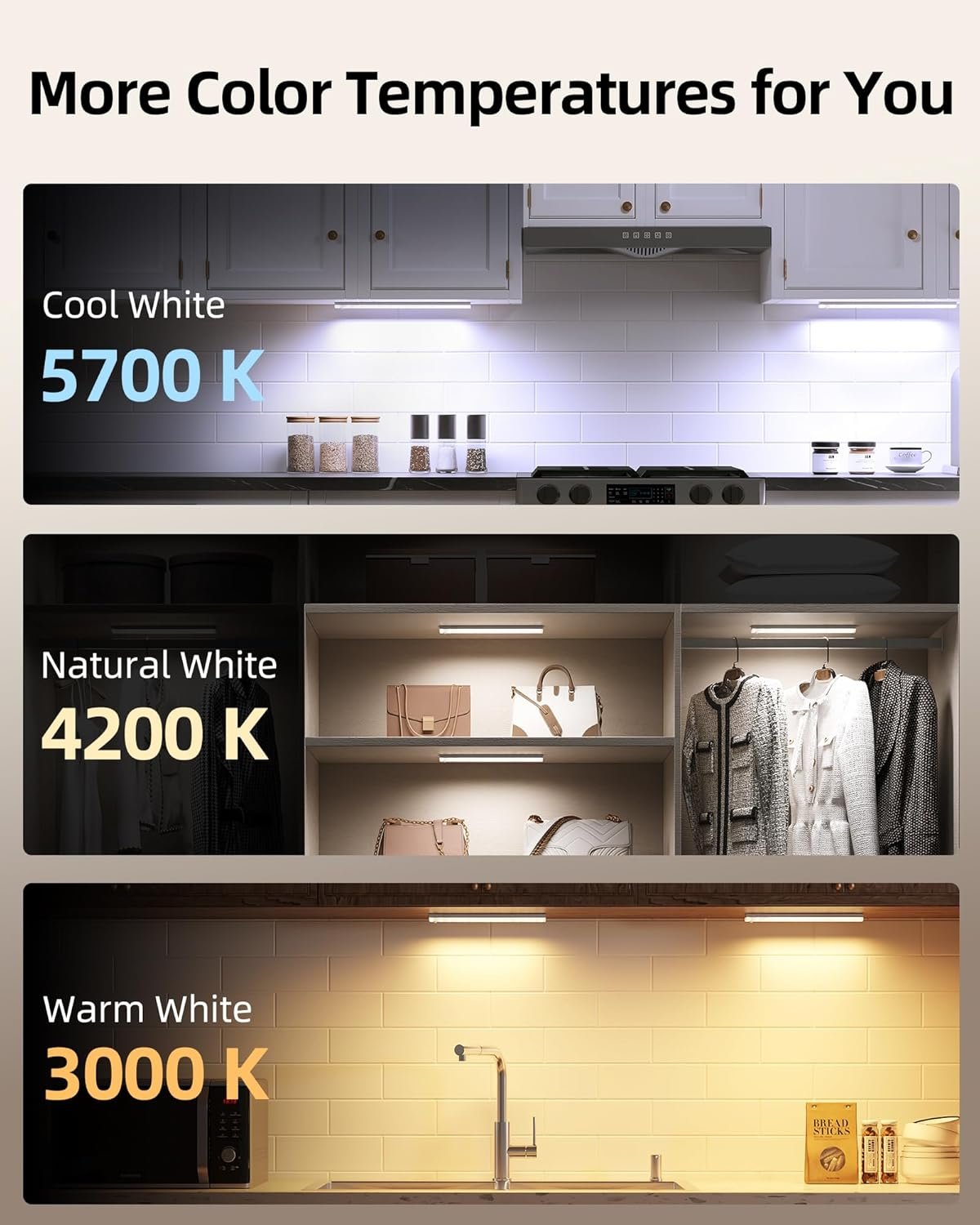 EZVALO 6-Pack Under Cabinet Lighting with Charging Station, Rechargeable Motion Sensor Lights, 3 Color Temps, Dimmable 62 LED Wireless Motion Activated Cabinet Lights with Remote for Kitchen,Pantry