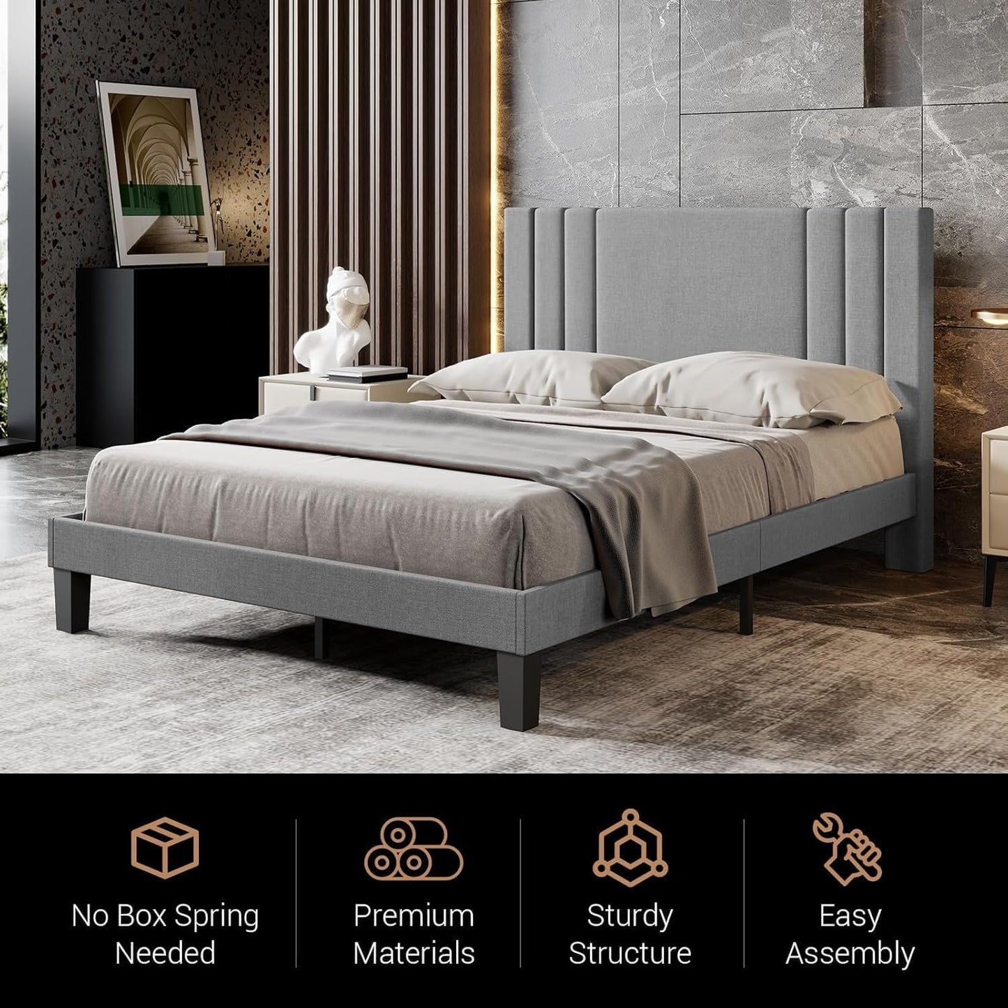 Queen Bed Frame with Headboard Upholstered Platform Bed Frame for Bedroom Wood Slat Support, No Box Spring Needed (Light Grey Linen, Queen)